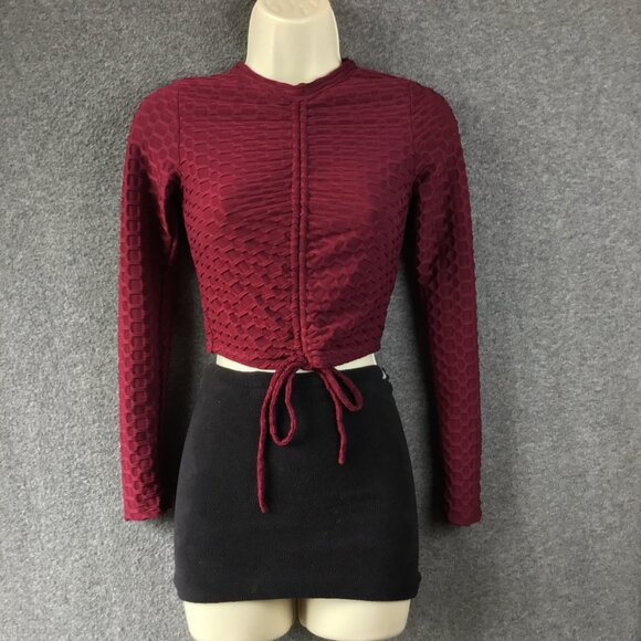 Akira Drawstring Front Crop Top Sz S Long Sleeves Deep Plum - Picture 1 of 4
